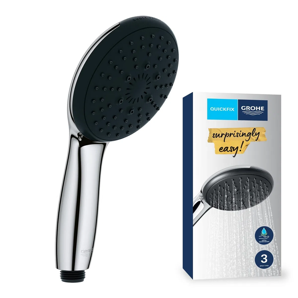 Grohe - Vitalio Start 110, Pommeau de Douche Rond 11cm 3 Jets (Pluie/Stimulant/Massage), Economie d'Eau, Sélection Facile, Procédé Anti-Calcaire, Chromé, 26031001