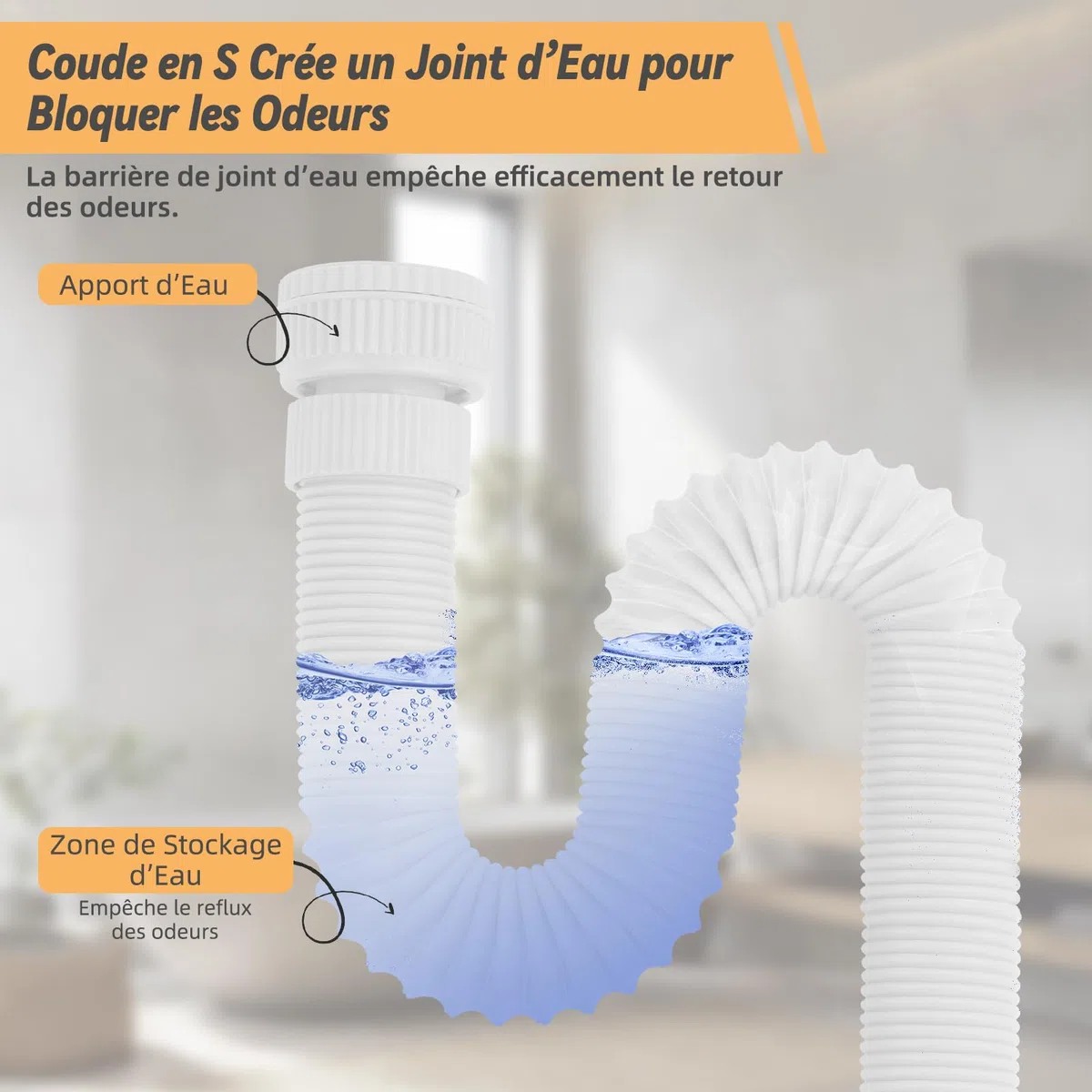 Hibbent Siphon Lavabo de Bain, Siphon Flexible Anti-Odeurs Avec Fil d'Acier Encastré, G1 1/4" (40.4mm) vers G1 1/2" (46.3mm) x 32mm, Siphon Evier, Evacuation Evier, Tuyau de Vidange Flexible, Blanc