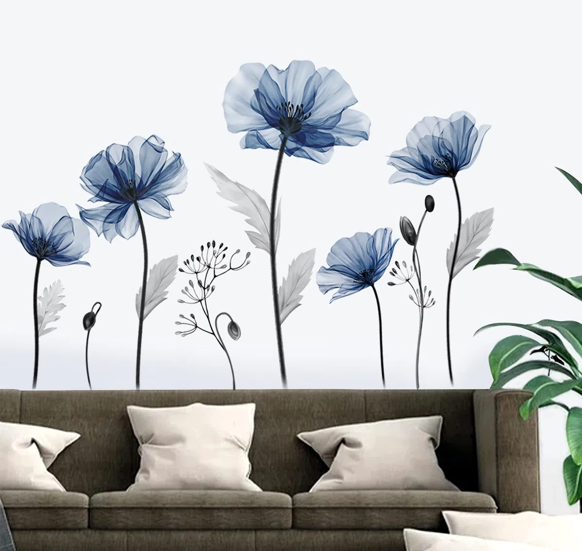 decalmile Stickers Muraux Fleurs Bleues Grand Autocollant Mural Fleurs Bleu Coquelicot Plante Décoration Murale Salon Chambre Salle de Bain