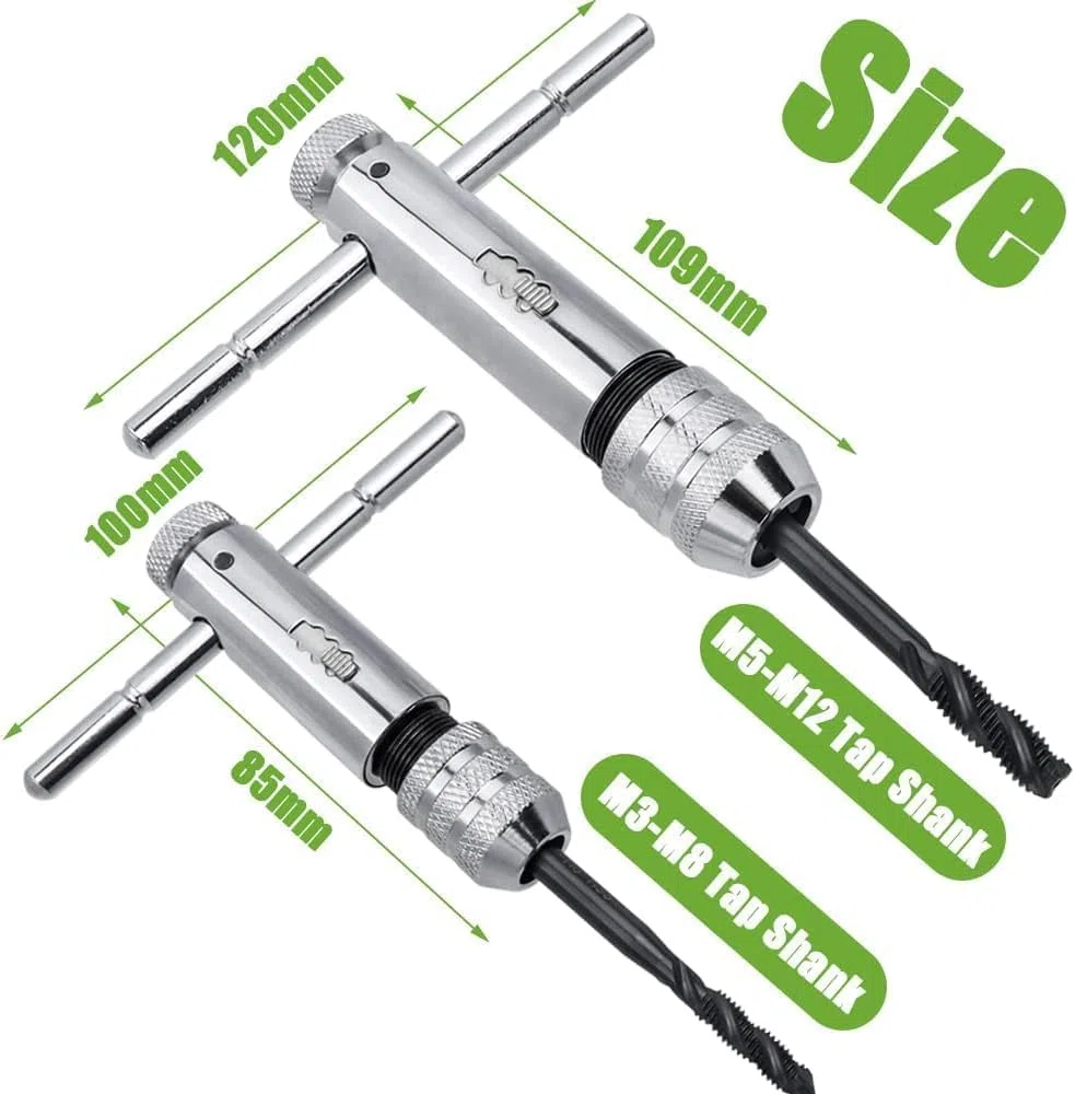2Pcs T Poignée Porte-outils avec poignée coulissante pour taraud, Porte taraud réversible à cliquet M3-M8 / M5-M12