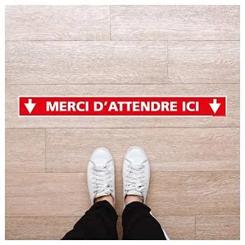 Signalisation de Sol - Lot de 4 Bandes de Marquage au Sol - Merci d'Attendre Ici - 1000 x 100 mm - Adhésif Avec Colle Forte