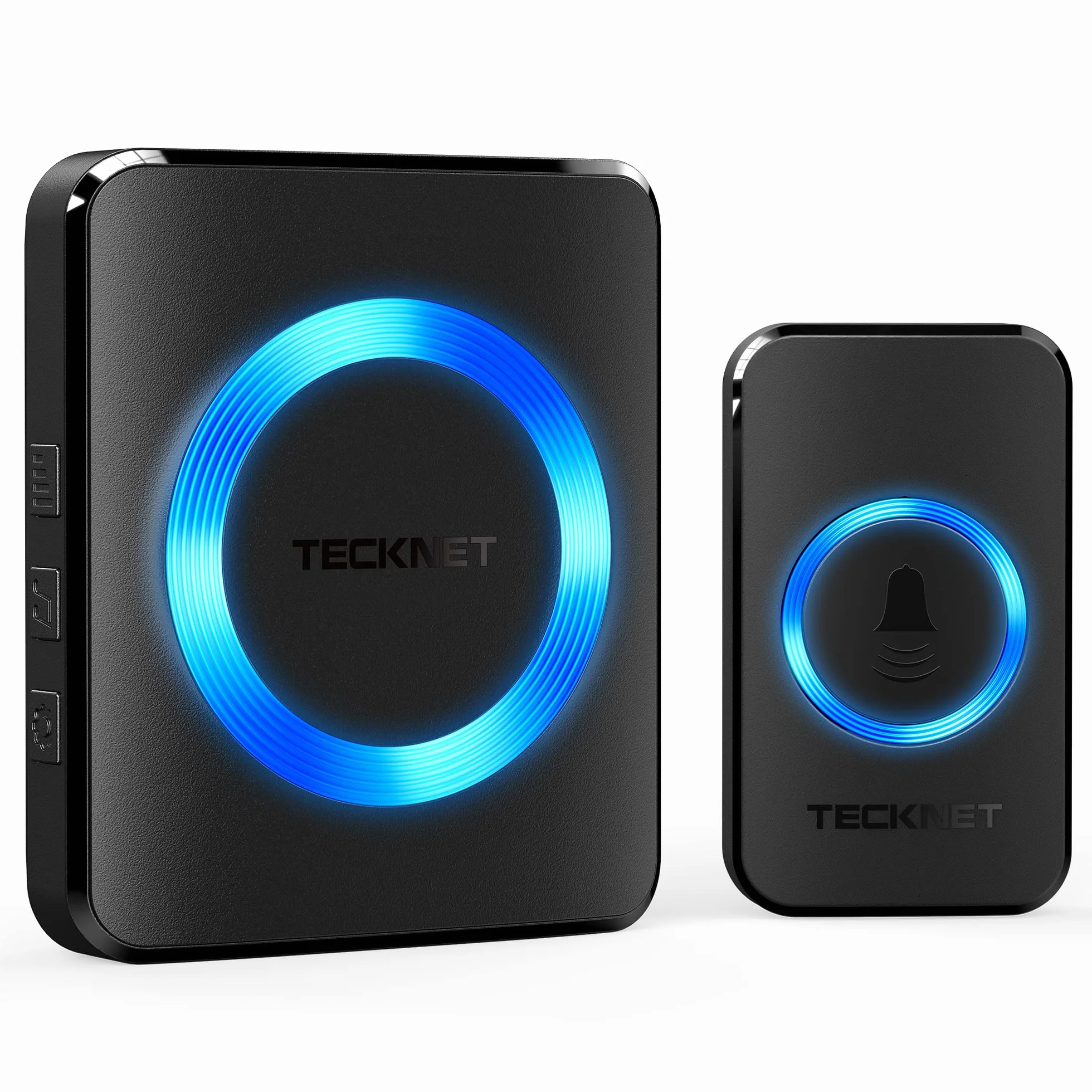 TECKNET Sonnette sans Fil Exterieur Étanche, IP65 Étanche 400 Mètres Sonnette Electronique, 60 Mélodies 5-Niveaux LED Bleu, pour Maison, Hôtel, Urgence-Noir, Montage Mural