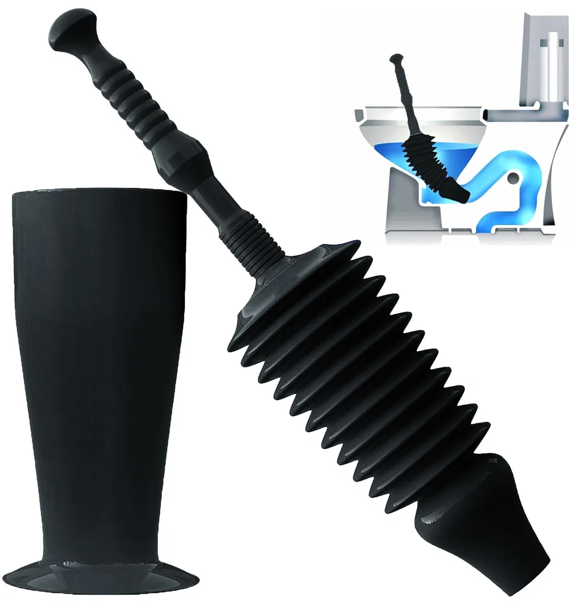 Luigi's Ventouse Deboucheur WC - Déboucheur de Toilettes Surpuissant et Flexible - Soufflet Débouche Toilette - Ventouse pour Deboucher avec Support de Rangement - Noir