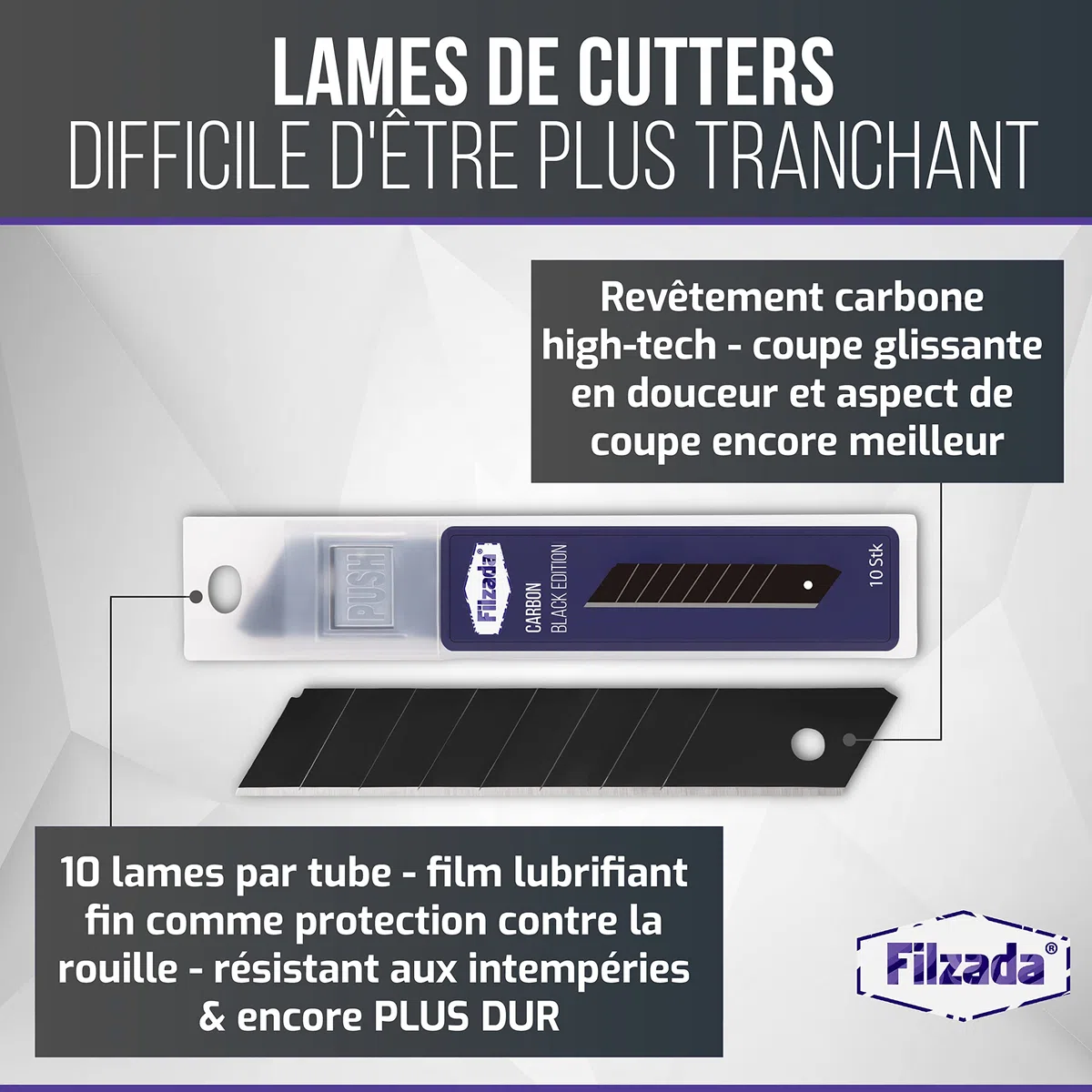 Filzada 50x Lames Cutter 18mm - Lames de rechange Acier carbone - Noir Ultra Pointu