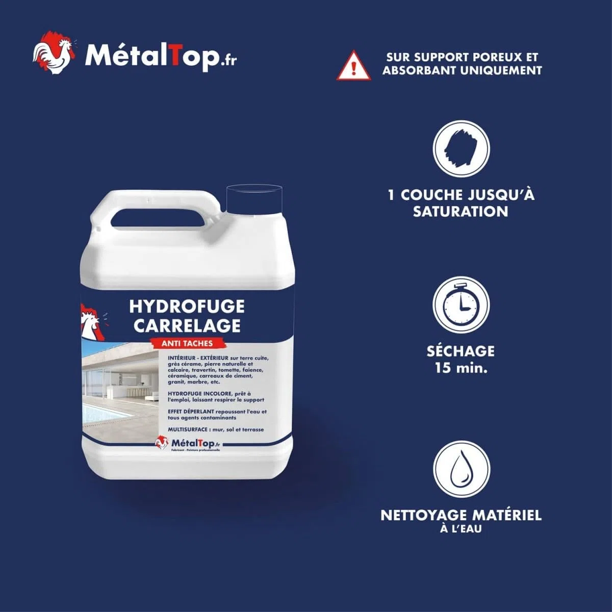 Métaltop - Hydrofuge Carrelage - 1 L - Protection invisible pour carreaux et joints poreux, idéal en intérieur comme en extérieur