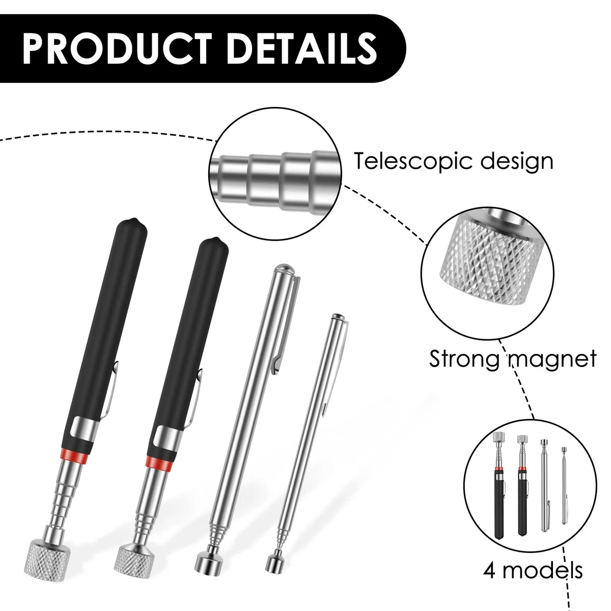 Lot de 8 Aimant Telescopique,Magnétiques Télescopiques,Ramassage Magnétique Flexible,Aimant Mecanique Auto pour Aufnahme de Pièces Métalliques Petites Pièces(1.5LB/3LB/10LB/15LB)
