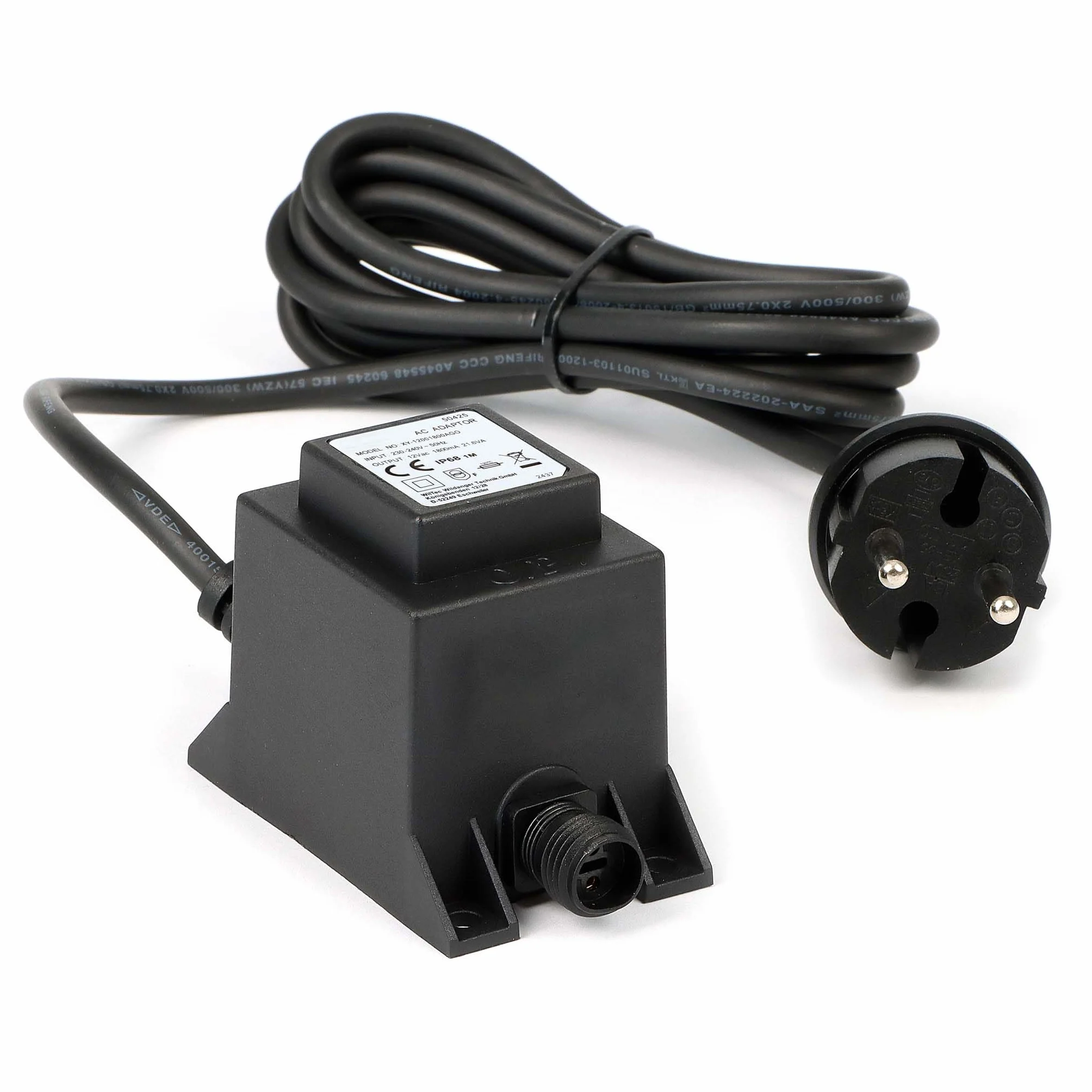 Wiltec Transformateur 230 V en 12 V – 81 x 50 x 63 mm – 1800 mA 21,6 VA AC/AC – IP68 – Adapteur de Réseau Jebao avec Raccord vissé, 2 pôles – source de courant pour Éclairage Pompes Bassins
