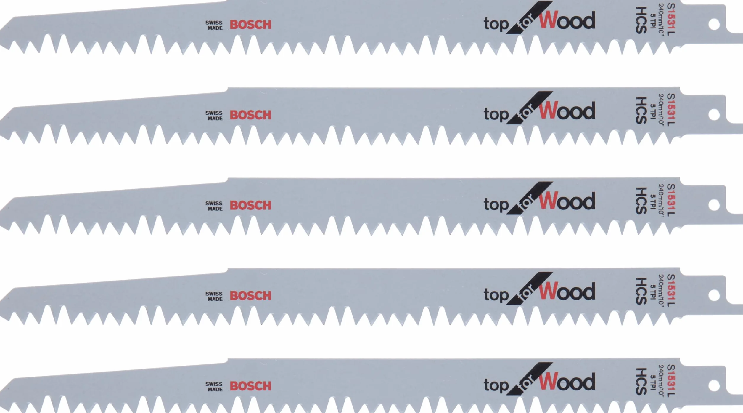 Bosch Coffret de 5 lames de scie sabre S 1531 L Top for Wood (pour le bois, 240 x 19 x 1.5 mm, accessoires pour scie sabre)