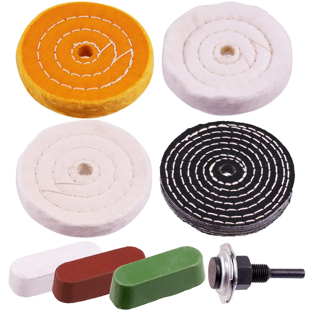 Swpeet Lot de 7 roues de polissage de 10.2 cm avec 3 composés de polissage et tige de foret de 6.35 mm, coton blanc (50 plis), flanelle (30 plis), roues denim pour meuleuse d'établi
