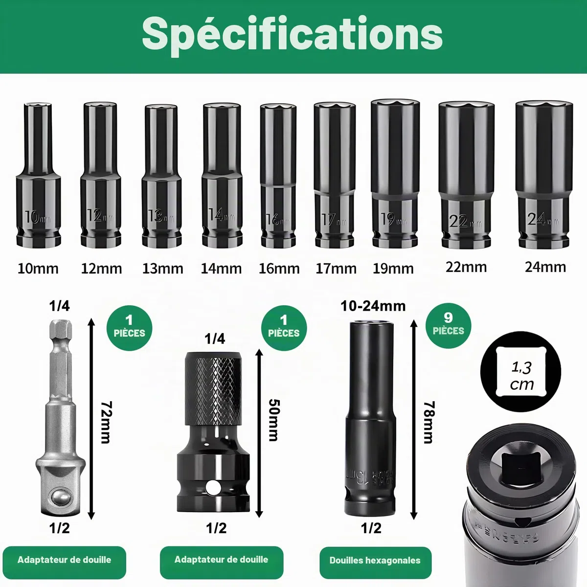 11 Pièces Douille à Choc 1/2, 10-24mm Coffret Longue, Clé à Choc et 2 Adaptateurs pour Réparation de Voiture