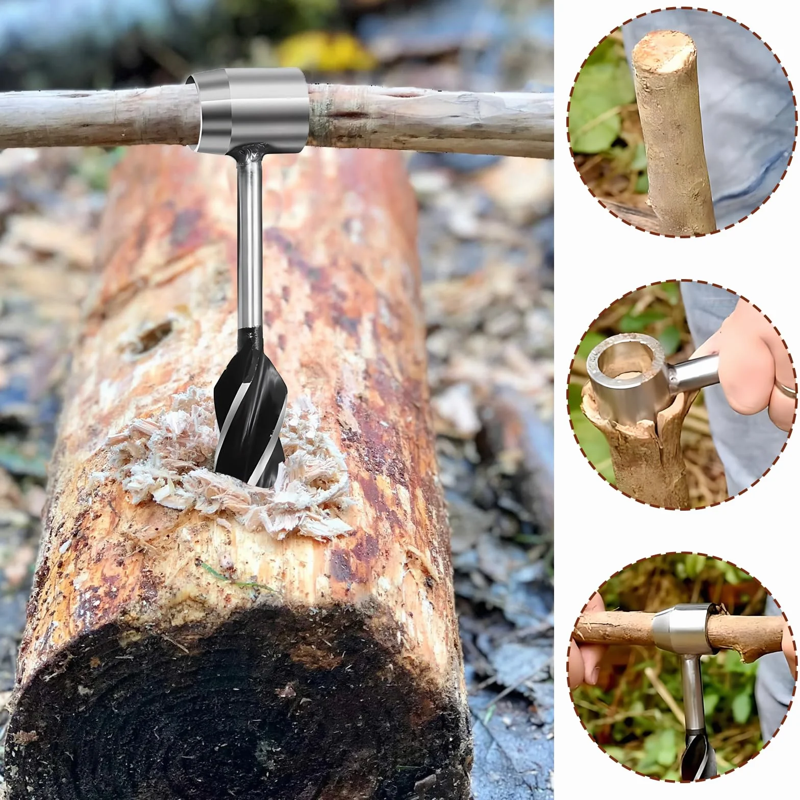 Outils De Survie Manuel,CHmiss Foret De Tarière à Bois,Perceuse à Main Pour Le Travail Du Bois,Screw Bushcraft Perceuse,Clé à Tarière à Main Bushcraft,Avec Pipe Rétractable, Pour Camping Gear