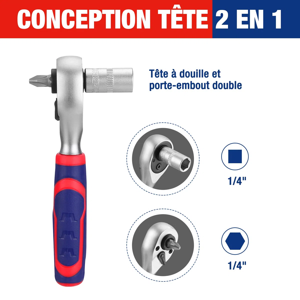 WORKPRO Coffret de Douilles et Embouts 42 Pièces, Mini Clés à Cliquet 1/4" Double Tête 2-en-1, Porte Embouts Magnétique, Outils de Réparation pour Vélos, Voitures et Maison