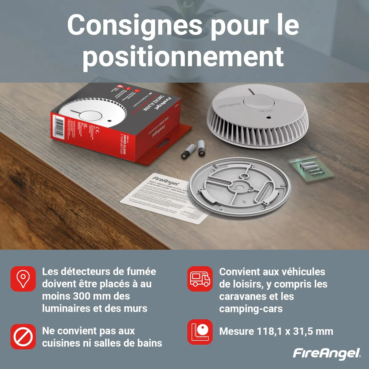 FireAngel FA6115-FRT Détecteur de Fumée Optique certifié NF, Détecteur Incendie pour Maison et Caravane, Durée de Vie de 10 Ans, Remplace Le ST-625