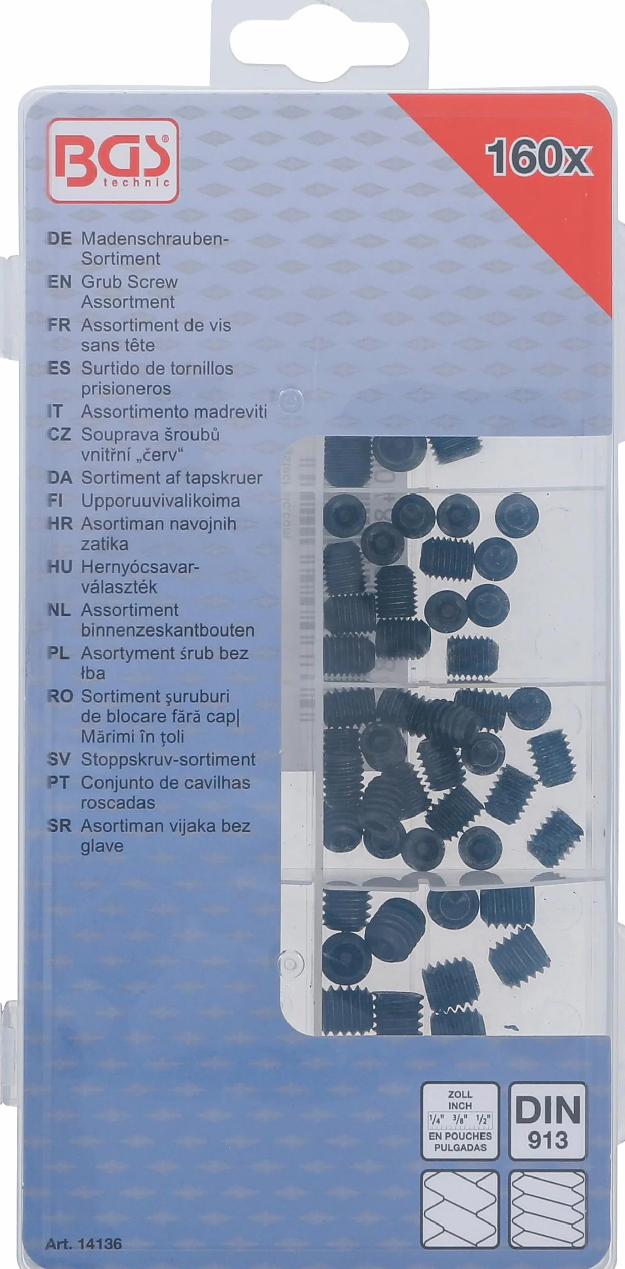 BGS 14136 | Assortiment de vis sans tête | en pouces | 160 pièces