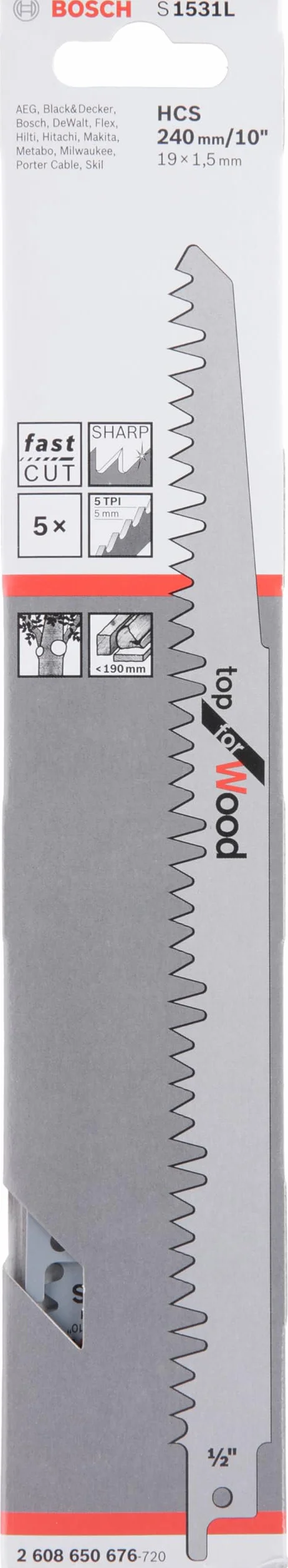 Bosch Coffret de 5 lames de scie sabre S 1531 L Top for Wood (pour le bois, 240 x 19 x 1.5 mm, accessoires pour scie sabre)
