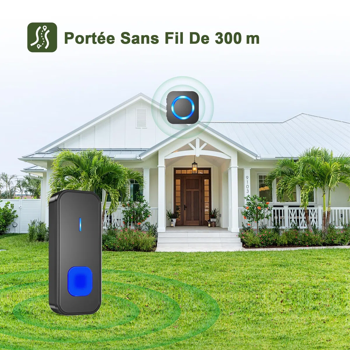 SURFOU Sonnette sans fil Extérieur Étanche, 400M Sonnette Longue Portée Carillon Electronique Kit avec Récepteurs, 55 Mélodies au 5 Niveaux Volumes pour Maison, Indicateur LED Bleu, Noir
