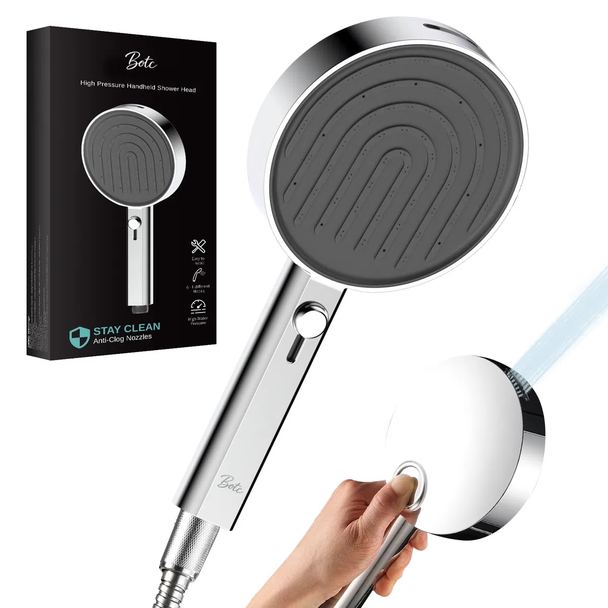 Pommeau de Douche Economie Deau, Haute Pression Douchette avec 7 Modes de Jet, 135 mm Grande Poire de Douche, Chromé (Argenté)