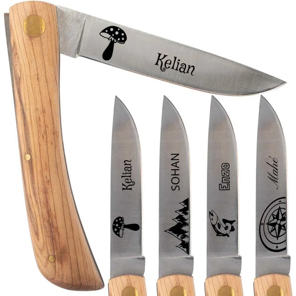 Couteau de poche avec manche en bois personnalisé – Lame acier avec gravure texte - Cadeau homme : Fête des pères, papa, papy, noel ou anniversaire