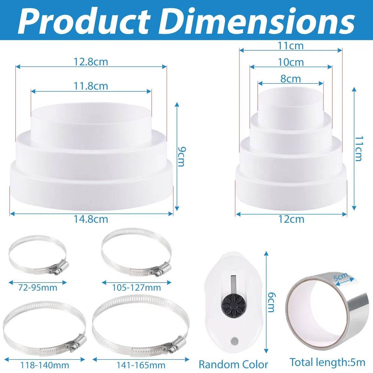 Droites Réducteur de Conduits Ø 80 100 110 120 130 150mm en ABS Avec colliers en acier inoxydable et ruban adhésif en aluminium Adaptateur Universel pour Tuyau de Ventilation Connecteur de Réduction