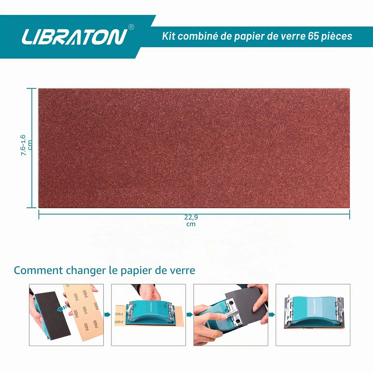 Libraton Papier Abrasive 65 Pièces, Assortiment de Verre Grain 80 à 600 Feuilles avec Ponceuse à Main, Éponges à poncer de 40/80/120/160, finition de meubles en bois polissag