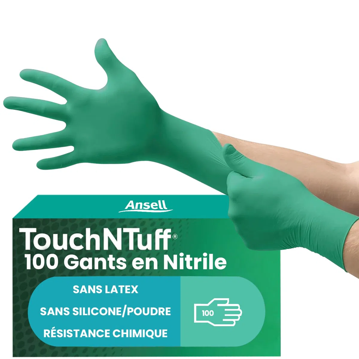 Ansell TouchNTuff 92-600, Gants jetables pour travaux lourds, Gants nitrile contact alimentaire, Gants de protection chimique et mécanique, Sans latex, Boîte de 100 gants en nitrile verts, Taille M