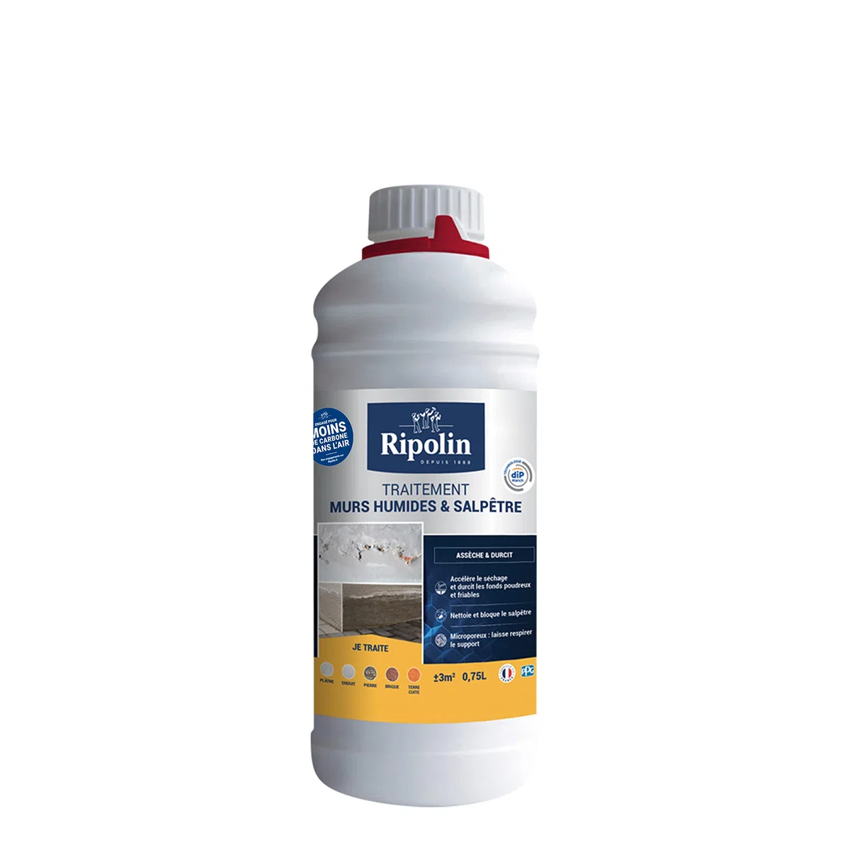 RIPOLIN -Traitement Murs Humides et Salpêtre - Intérieur & Extérieur - Nettoie, Assèche et Fixe les Fonds Poudreux - Haute Protection - Microporeux & Sans Rinçage - 0,75L - Incolore