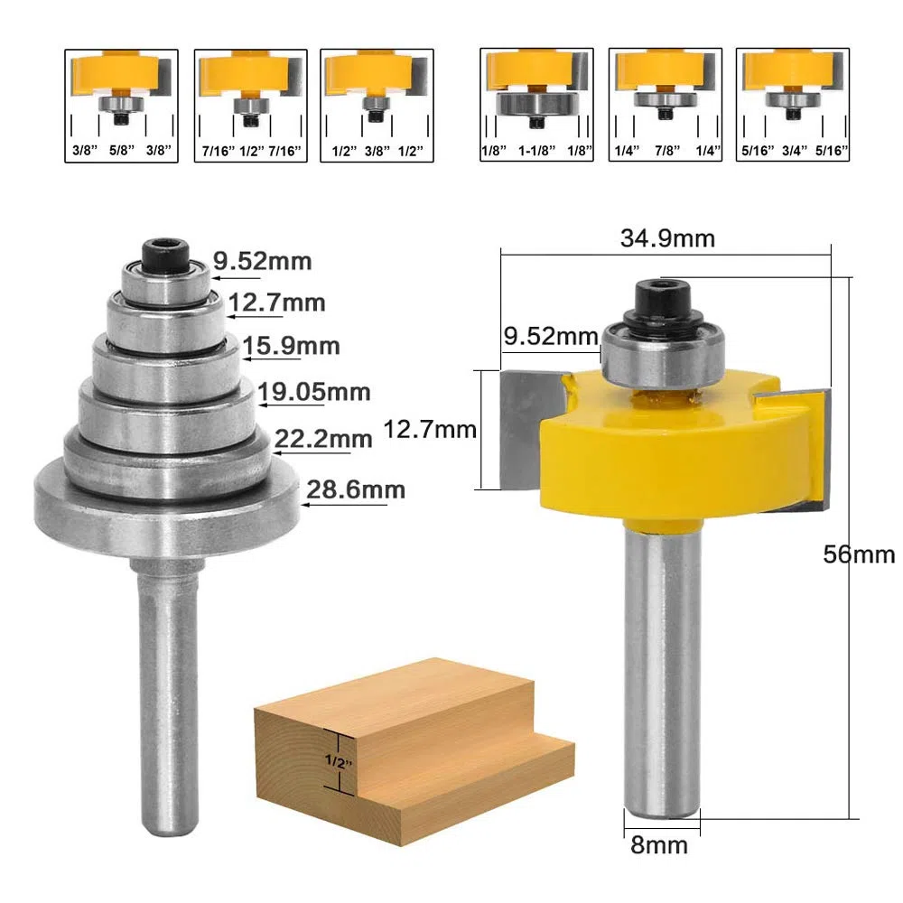 8mm Fraise de Défonceuse à Feuillure Routeur Bit Avec 6 Ensemble Roulements Pour Plusieurs Profondeurs 28,6 mm, 22,2 mm, 19,05 mm, 15,9 mm, 12,7 mm, 9,52 mm Outil de Menuiserie