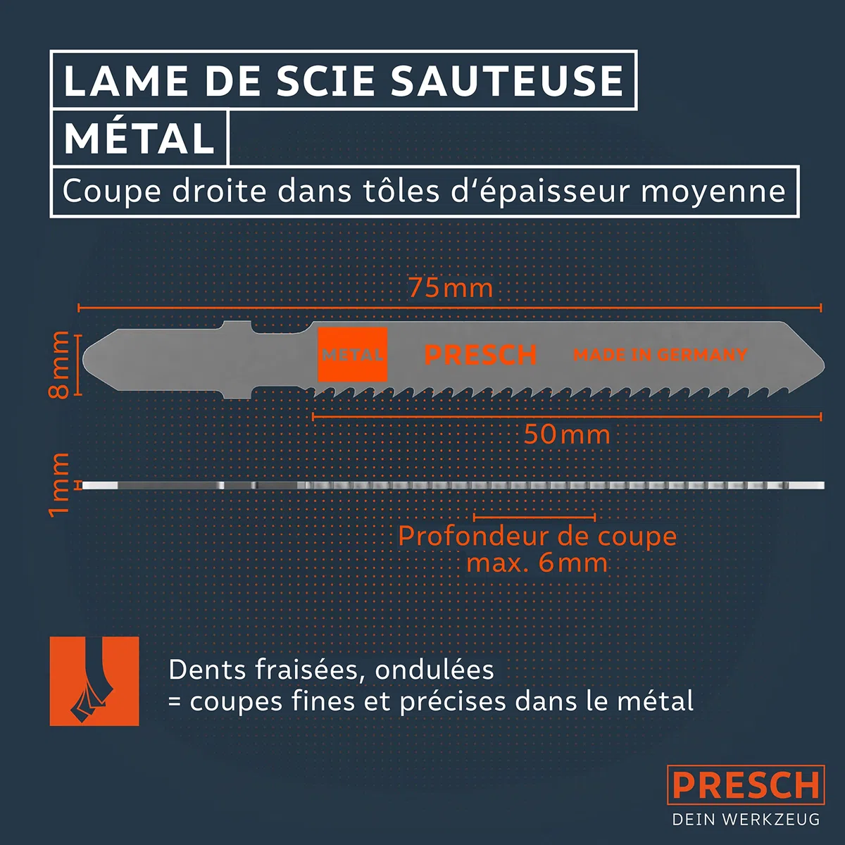 Presch Lames de scie sauteuse Métal 10 pièces - Découpes précises, tôles d'épaisseur moyenne (2,5-6 mm) - Lames haute longévité à emmanchement en T pour toutes scies sauteuses