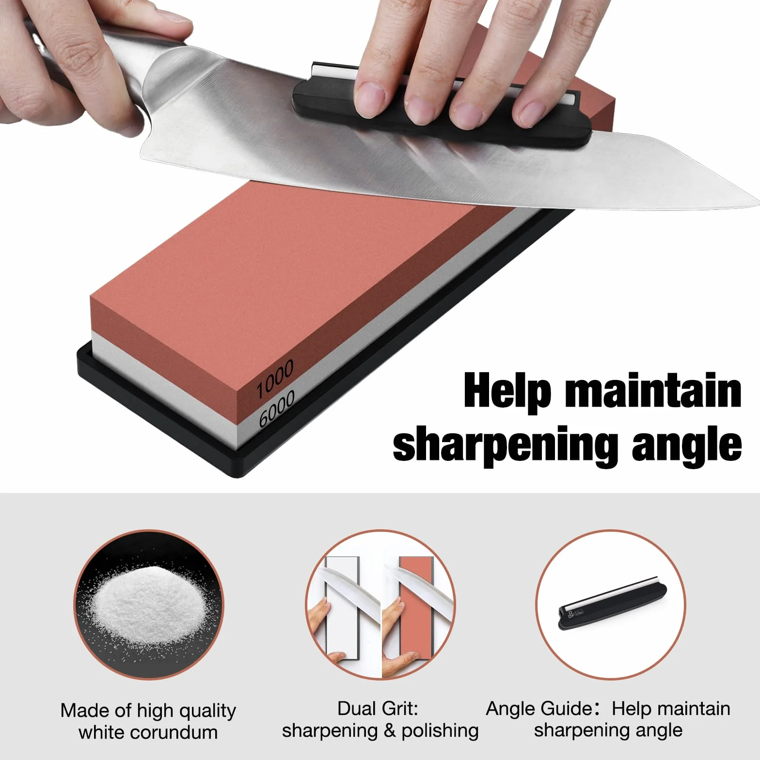 DDF IohEF Pierre à Aiguiser 1000/6000 [Dernière Version], Aiguiseur de Couteau Professionnel 2-en-1 Pierre à Affûter Double-Face avec Base en Silicone Antidérapant et Guide d'Angle