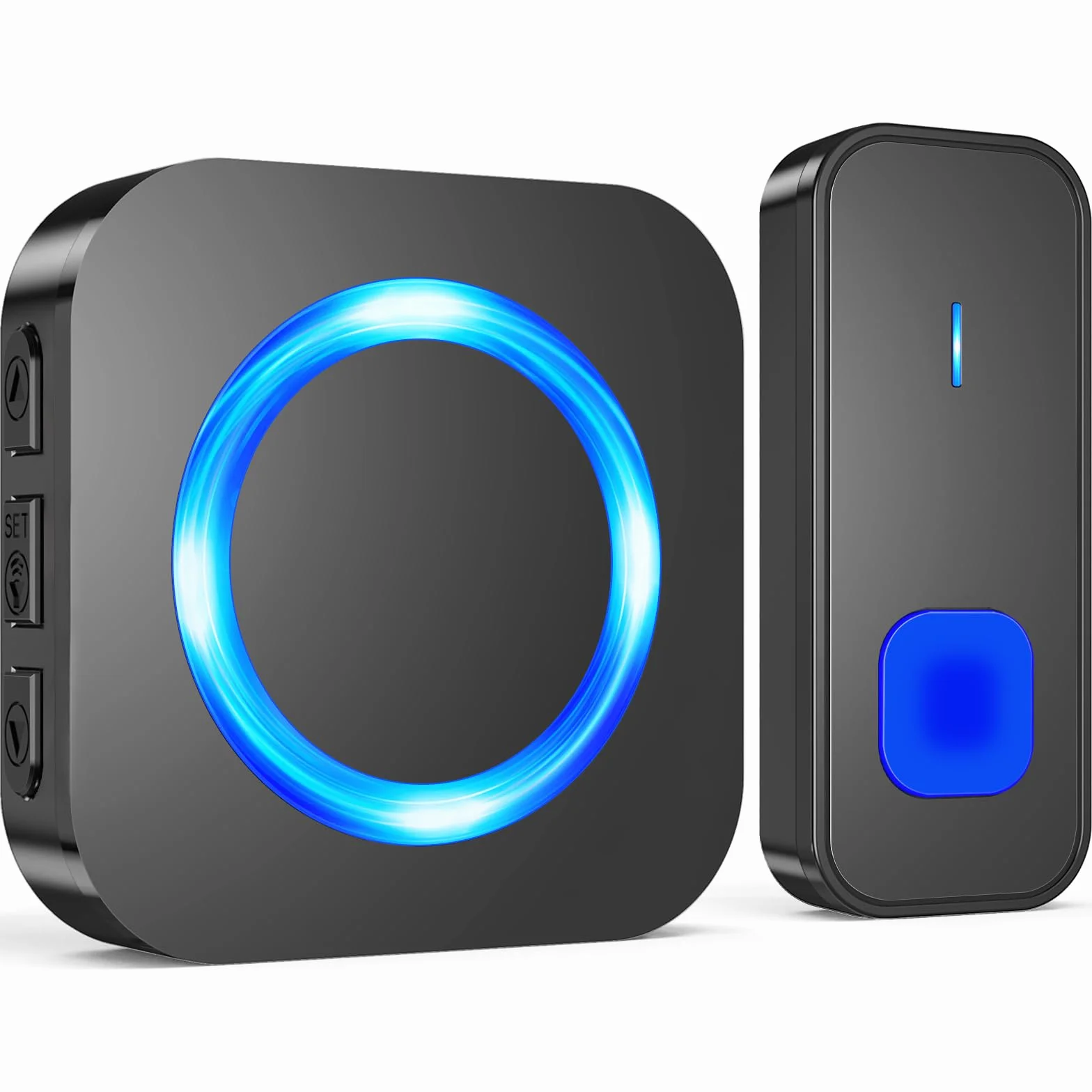 SURFOU Sonnette sans fil Extérieur Étanche, 400M Sonnette Longue Portée Carillon Electronique Kit avec Récepteurs, 55 Mélodies au 5 Niveaux Volumes pour Maison, Indicateur LED Bleu, Noir