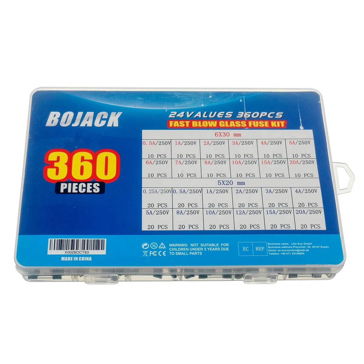 BOJACK 24 valeurs 360 pièces Kit d'assortiment de fusibles en verre à fusion rapide 250V 5x20mm 6x30mm 0,25 0,5 1 2 3 4 5 6 7 8 10 12 15 20A Emballage dans une boîte en plastique transparente