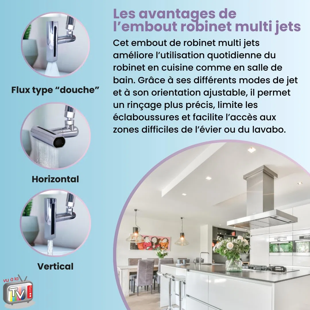 VENTEO - Embout Robinet Cuisine Multi Jets Orientable | Accessoire Robinet pour Évier Cuisine | Tête de Robinet Directionnelle à Jets Multiples pour Installation Standard Domestique