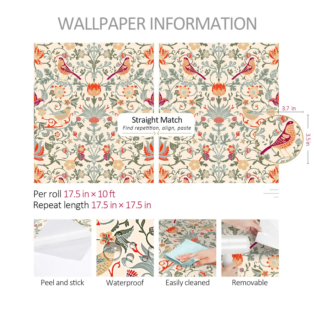 ReWallpaper Papier Peint Adhesif Mural Fleuri Vintage Papier Peint Chambre Adulte Beige Vinyle Autocollant Vert Animal Film Adhesif pour Meuble Motif 44,5CM X 3M Papiers Peints Fleurs Oiseaux