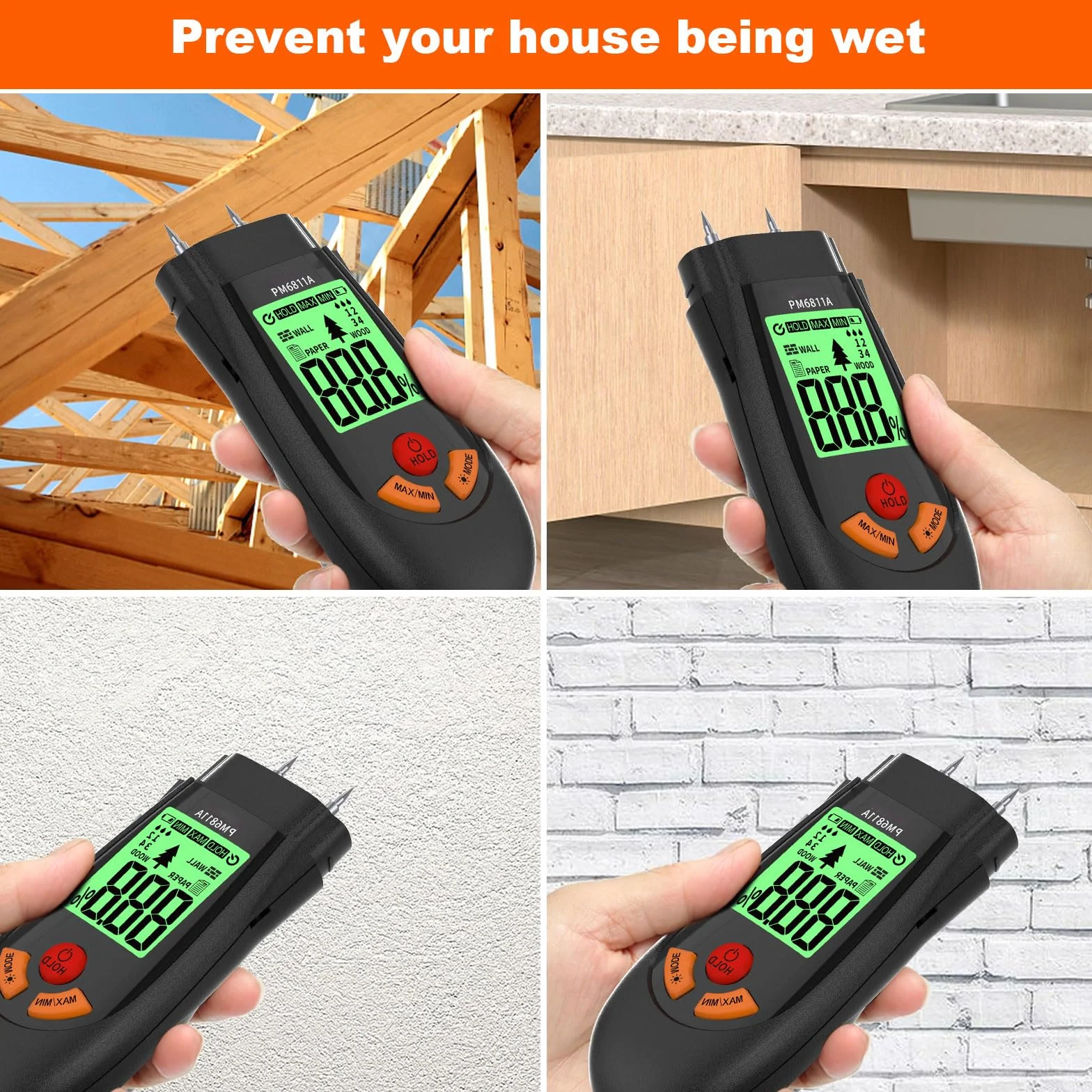 Testeur Humidité, humidimètre à broches (6 modes), peut mesurer rapidement la teneur en humidité des bûches, du papier, du contreplaqué, des murs en gypse, des sols et des matériaux de construction.