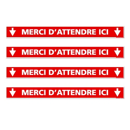 Signalisation de Sol - Lot de 4 Bandes de Marquage au Sol - Merci d'Attendre Ici - 1000 x 100 mm - Adhésif Avec Colle Forte