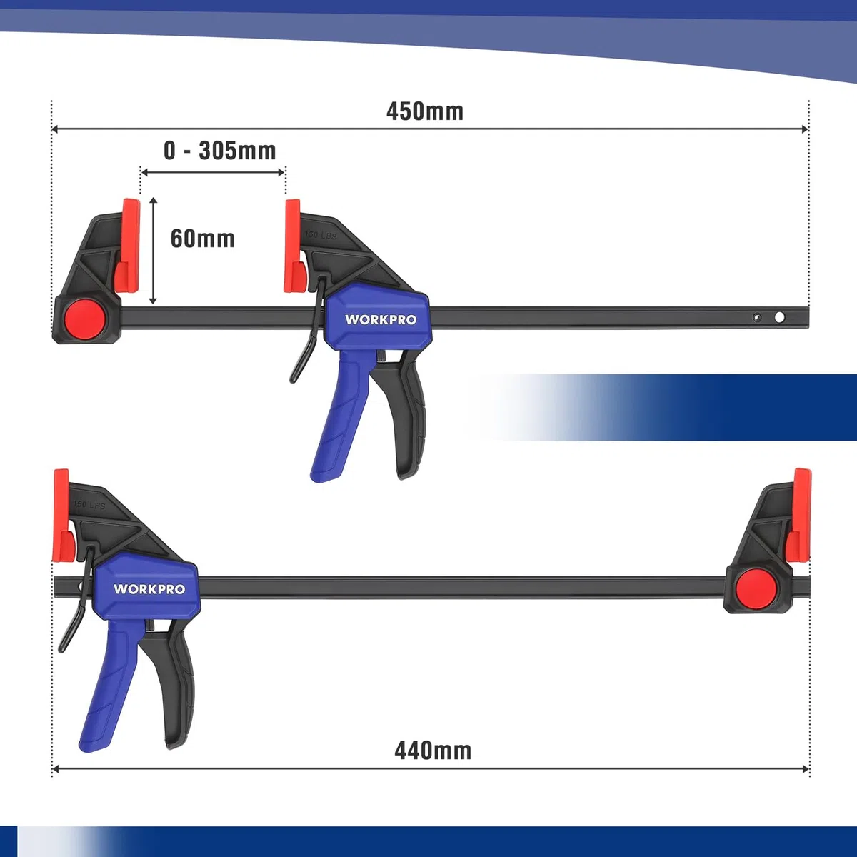 WORKPRO Jeu de 2 Serre-joints à une Main en Acier et Nylon pour une Fixation Précise, Largeur de Serrage de 305 mm, Force de Serrage Maximale de 68 kg, Plage d'Étirement jusqu'à 440 mm