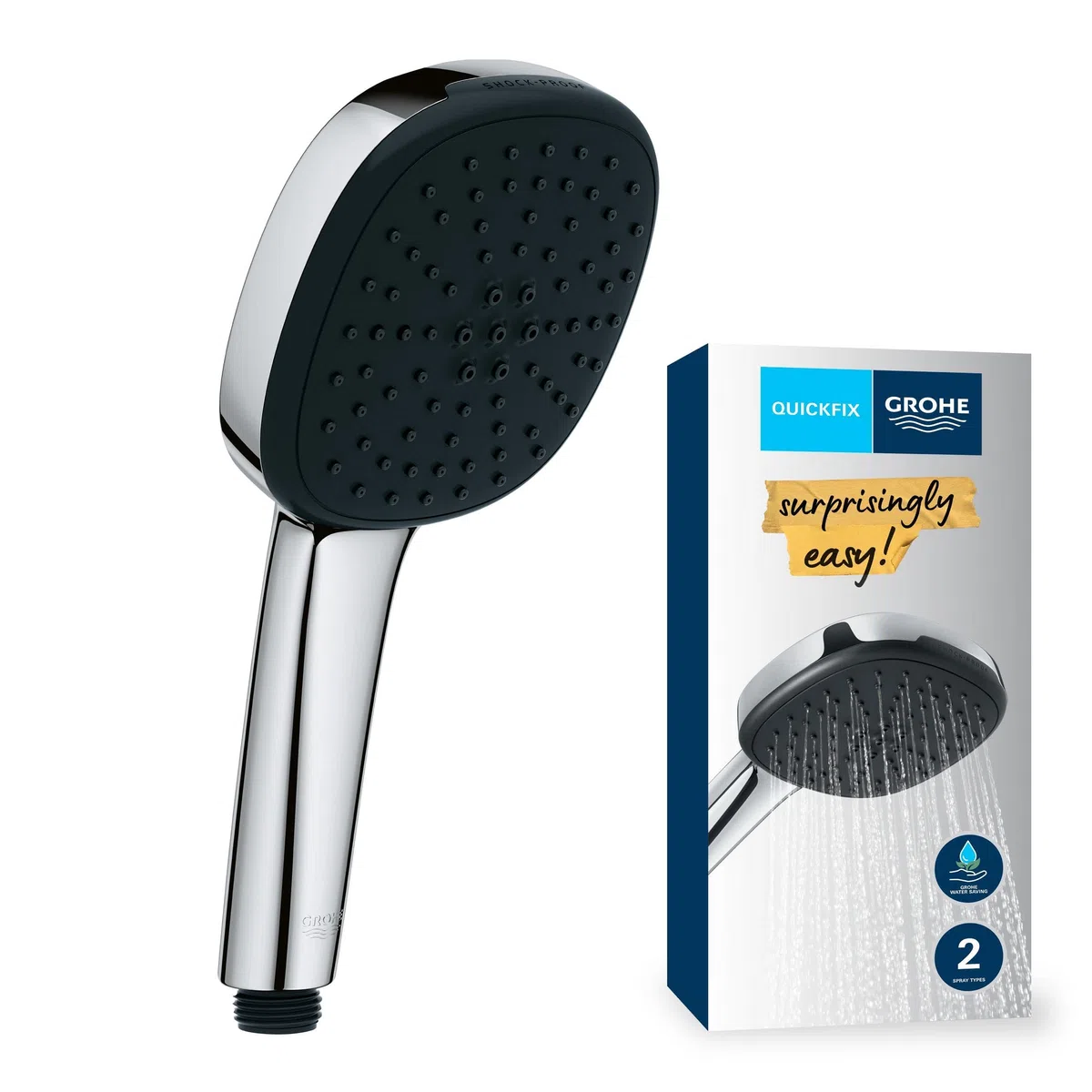 GROHE Vitalio Comfort 110, Pommeau de Douche Cube 11cm 2 Jets (Pluie/Stimulant), Economie d'Eau, Sélection Facile, Procédé Anti-Calcaire, Chromé, 26397001