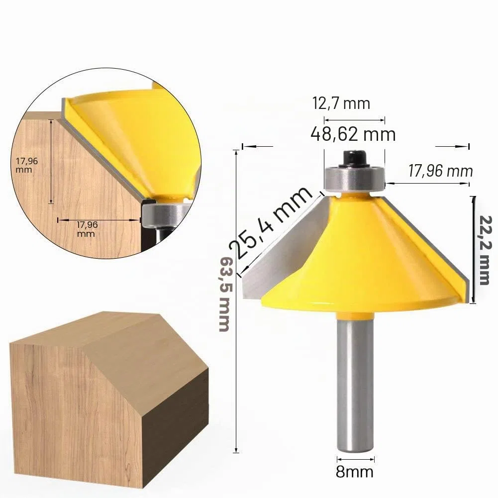 Embout de routeur de 45 degrés pour chanfrein/biseau avec arbre de 8 mm, fraise à chanfrein pour rainure, fraise à rainure pour routeur, outil de découpe du bois avec roulement à billes