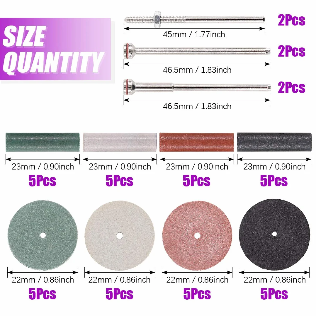 Swpeet Lot de 46 roues de polissage en caoutchouc de silicone, 40 pièces de 4 couleurs mélangées de laboratoire et de particules de polissage + 6 tiges de mandrin parfaits