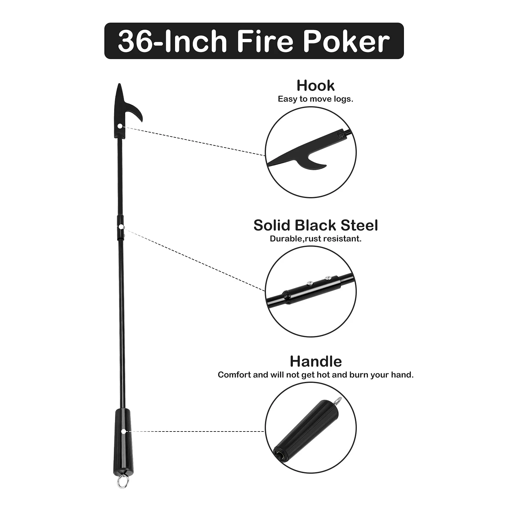 onlyfire Tisonnier de Cheminée 91 cm en Acier, Poker de Feu avec Crochet, Accessoire pour Poêle à Bois, Cheminée et Barbecue