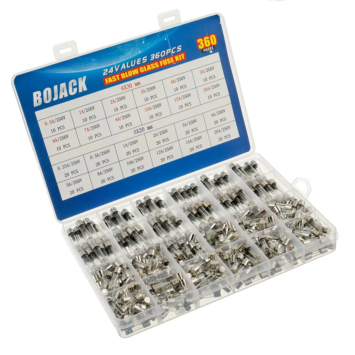 BOJACK 24 valeurs 360 pièces Kit d'assortiment de fusibles en verre à fusion rapide 250V 5x20mm 6x30mm 0,25 0,5 1 2 3 4 5 6 7 8 10 12 15 20A Emballage dans une boîte en plastique transparente