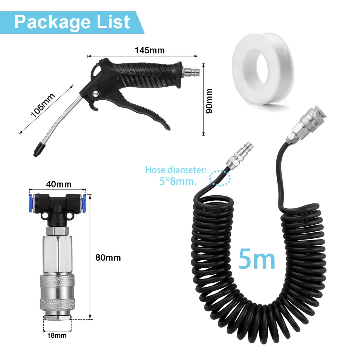 Soufflette Camion Soufflette Pneumatique avec Tuyau de Spirale de 5 mètres Kit de nettoyage de pistolet à air pour camion avec connecteur en T, Noir