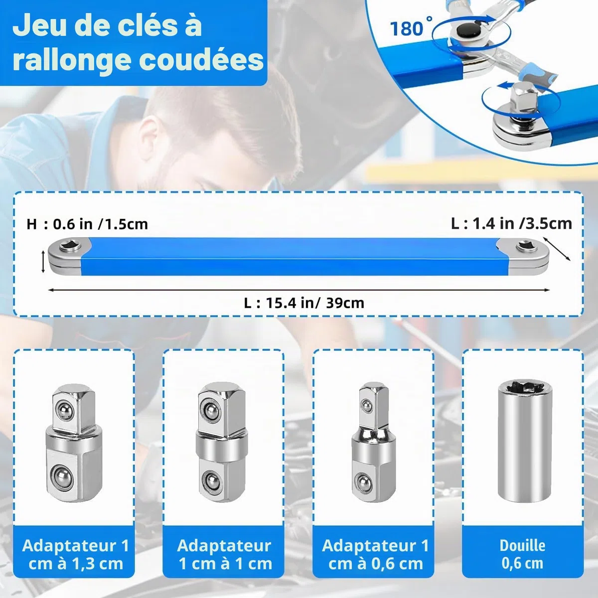 Clés à Douille à Rallonge Décalée, Cle Plate a Cliquet, Rallonge Cliquet, Avec Adaptateurs Carrés de 1/2", 1/4" et 3/8", Douille D'entraînement, Clé à Cliquet pour Petits Espaces