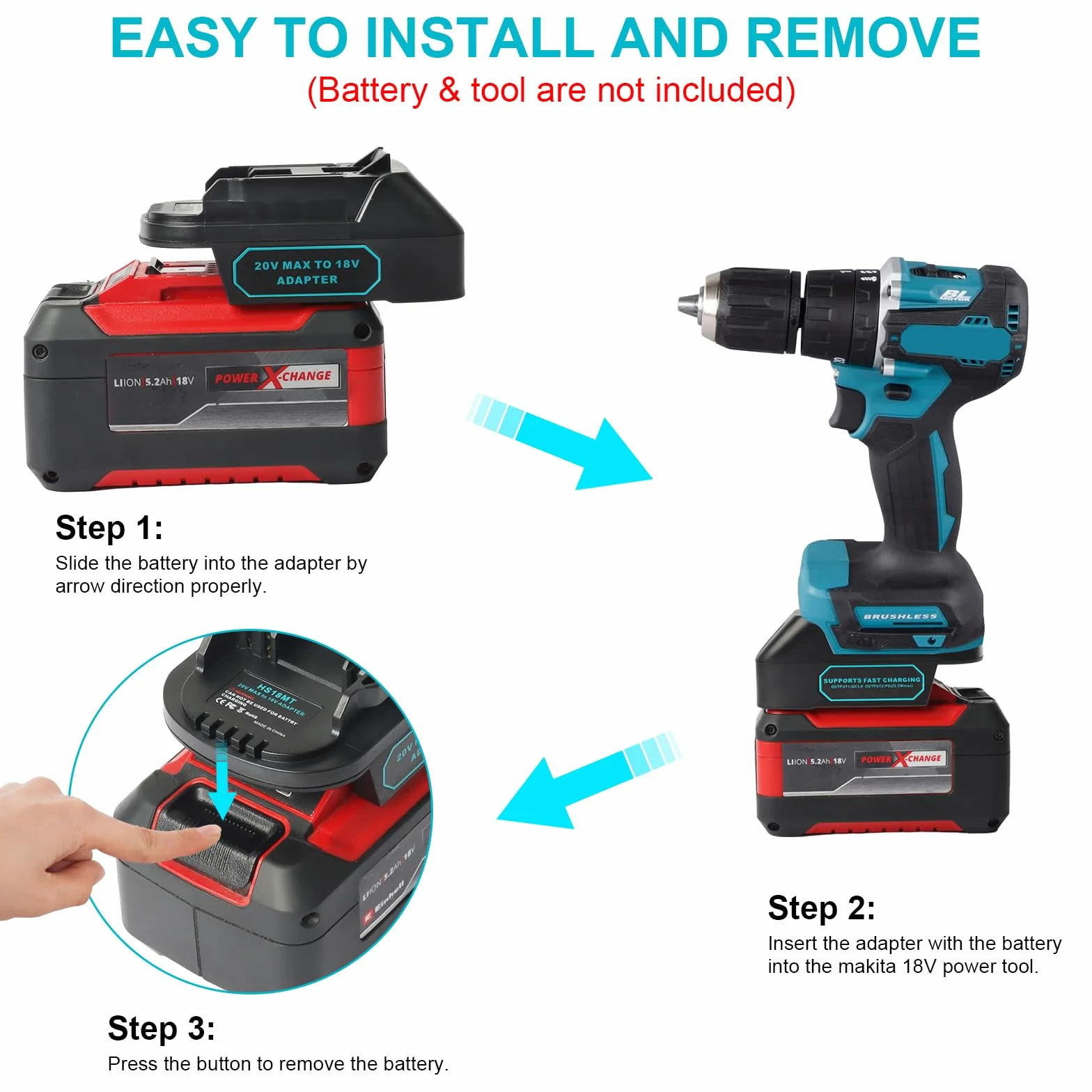 QUPERR EIN18MT Convertisseur de Batterie pour Batterie Einhell 18V, pour Outils électriques sans Fil Makita 18V, Adaptateur de Batterie USB avec Port de Chargeur USB/Type-C (Adaptateur Uniquement)