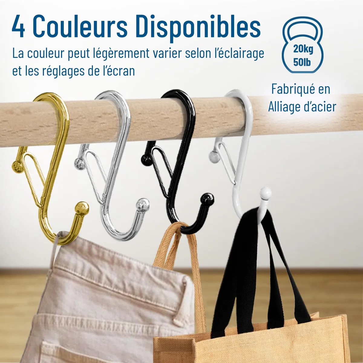 Lot de 10 Crochets en S avec Fermeture de Sécurité Anti-Chute – Crochets S Métal pour Rangement Cuisine, Salle de Bain et Armoire – Pour Barres jusqu’à 2 cm – Noir