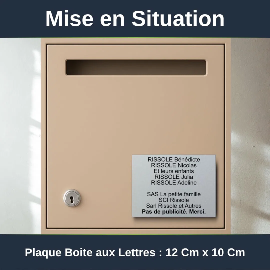 Plaque Boite Aux Lettres Personnalisable - 12x10cm - 10 Lignes - Étiquette Avec Nom Adhésive - Grand Format - Gravée et Personnalisée pour Porte - Maison - Famille - Bureau - Stop Pub (Argent)