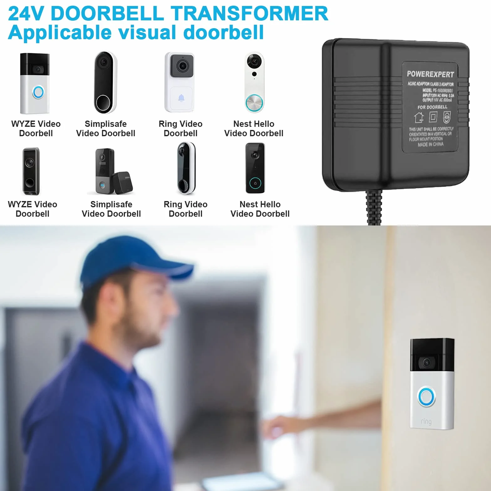 Transformateur d'Alimentation pour Sonnette 24V 500mA - Adaptateur Secteur pour Vidéo Doorbell - Accessoire Smart Home Compatible avec Ring (5M)
