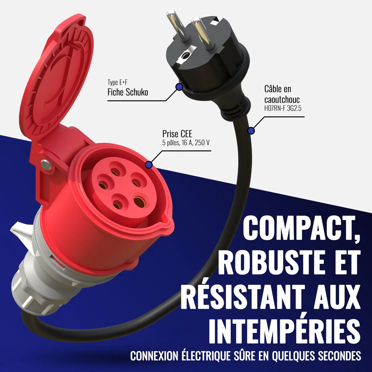 Poppstar Adaptateur CEE 45 cm IP44 comme Accessoire Voiture électrique (fiche Schuko : Type E+F/Prise CEE Femelle 16A, 5 Broches), H07RN-F 3G2.5
