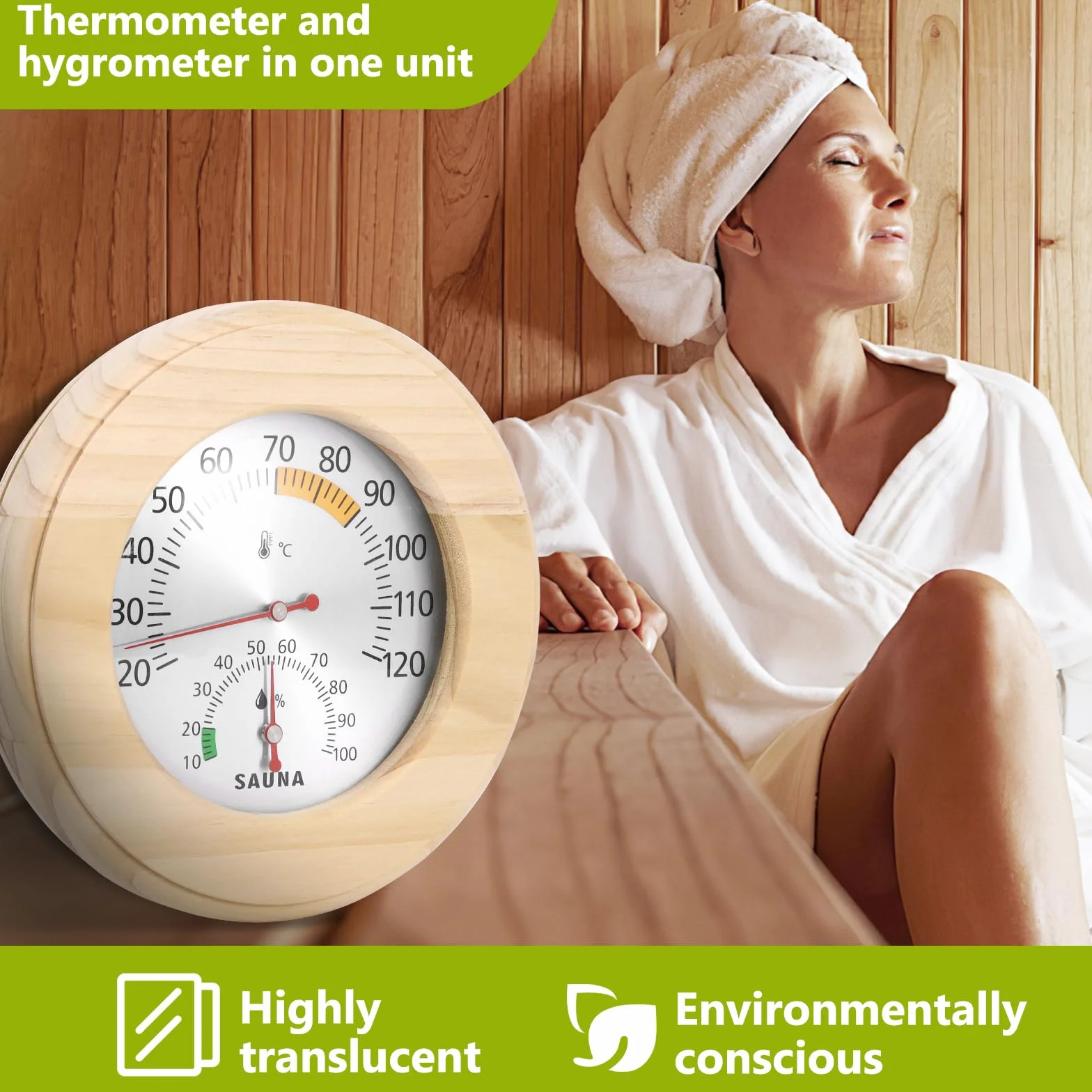Thermomètre de sauna 2 en 1 - En bois - Particulièrement précis - Avec verre trempé - Calibrage automatique - Pour hammams et saunas