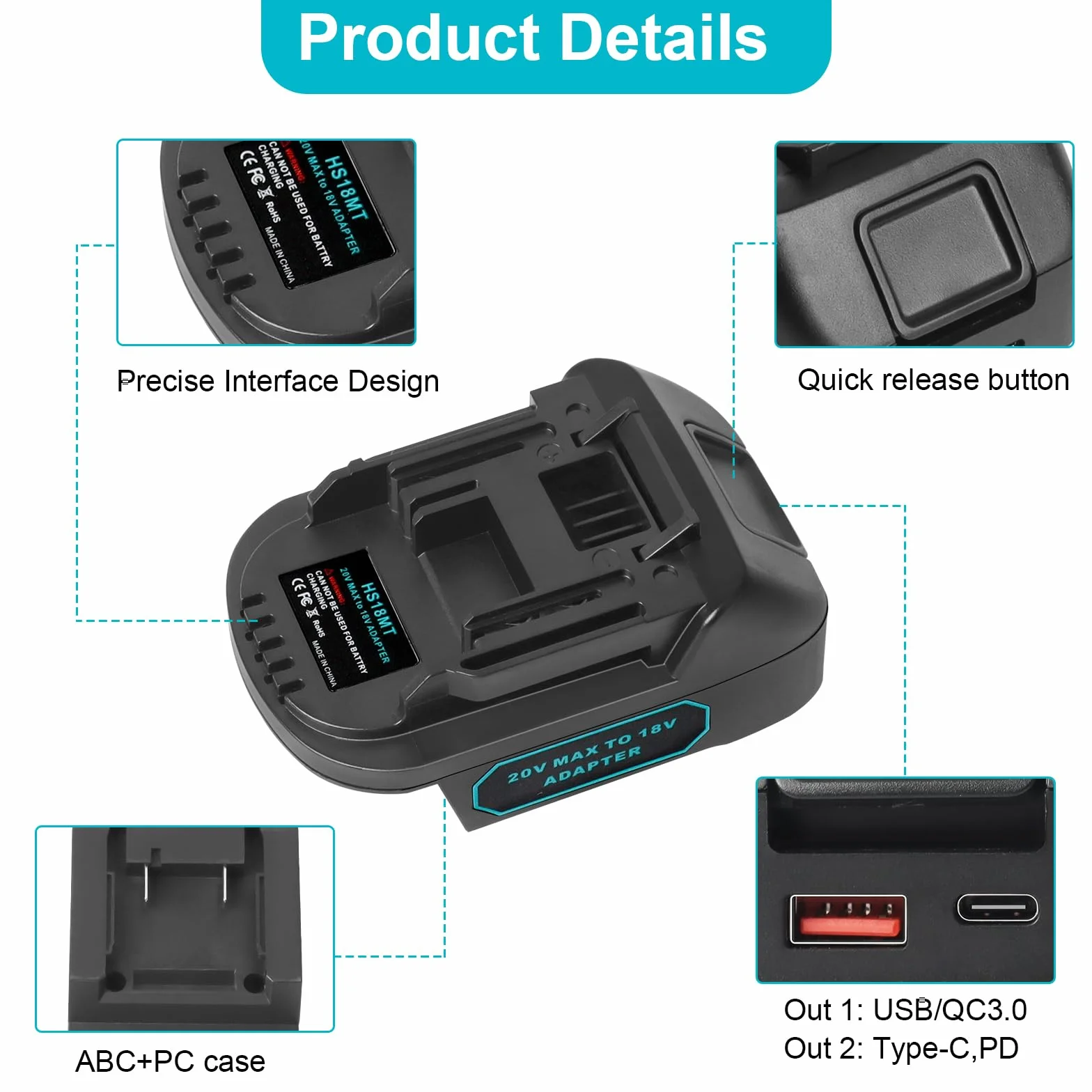 QUPERR EIN18MT Convertisseur de Batterie pour Batterie Einhell 18V, pour Outils électriques sans Fil Makita 18V, Adaptateur de Batterie USB avec Port de Chargeur USB/Type-C (Adaptateur Uniquement)